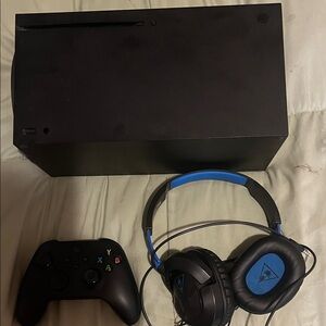 Microsoft Black Console with Black Controller and Blue-Trim Headset